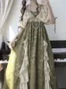 Party Dresses 2024 Summer Fairy Green Evening Dress Vintage Elegant V Neck Floral Lace Ruffles Midi A Line Fluffy Sleeve Prom Gown