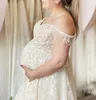 Casual Dresses Luxury Flowers Appliques Maternity Gowns Spaghetti Strap V Neck Beads Pregnant With Feathers Draped Tulle Bridal Dress