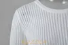 Kozoca Fashion White Elegant Striped See Through Women Tops Outfits Long Sleeve T-Shirts Tees Skinny Club Party Clothes 240116