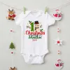 Rompers aangepaste naam baby kerstkist bodysuits pasgeboren kleding gepersonaliseerde jongens meisjes meisjes korte mouw jumpsuit Xmas feest baby outfits H240508