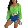 Women's Blouses Summer Fashion Shirt Slash Neck Pullover Bubble Sleeve Blouse Tops Long Crop Backless Lace-up Chemises