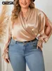 GIBSIE Plus Size Solid Wrap Scollo a V Top in raso 2023 Autunno Moda donna Party Manica lunga fessura Elegante camicia da lavoro da ufficio camicetta 240116