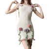 Casual Dresses Summer Women Crochet Knit Mini Dress Sleeveless Tie Shoulder Strap BodyCon Flower Kort strandkläder