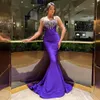 Purple Beaded Mermaid Prom Dresses Spaghetti Straps Evening Gowns Rhinestones Sweep Train Satin Special Occasion Formal Wear