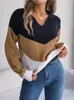 Women's Sweaters Women Green Polyester Rib Knit Fall/Winter Contrasting Lapel Knitted Jumper Long Sleeves Female Pullovers Chic Tops