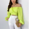 Women's Blouses Summer Fashion Shirt Slash Neck Pullover Bubble Sleeve Blouse Tops Long Crop Backless Lace-up Chemises