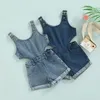 0-4Y enfants denim jeu costume bébé fille vêtements d'été couleur unie sans manches creux à manches courtes combinaison haut pour fille 240116