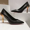 2024 Gold gingko heels Dress Shoes Designer Women New Pumps career 8.5cm High Heeled Genuine Leather Sexy Pointy Wedding evening Shoe Nude Black Shiny 34-43 With Box 10A