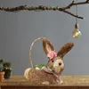 Straw Rabbit Decoration Filled Eggs Basket Easter Decor Ornament Bunny Figurine for Indoor Outdoor Spring 240116