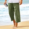 Calças masculinas casuais soltas de algodão linho bezerro calça masculina 2024 primavera verão vintage cor sólida cordão praia calças lazer masculino