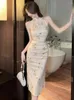 Losse edelstenen Chinese stijl sexy cheongsam jong girly temperamentvol high-end ontwerp uitgeholde cinched afslankende bedrukte jurk qipao