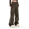 Damesjeans Bruine damesjeans Luipaardprint Retro Rechte buis Wijde broek Mode Straatmode Y2K Jeans Nieuwe winterlegging