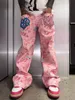 Designkänsla Tungt hantverk Pink Camouflage broderade jeans Men Street Hip Hop unisex raka breda benbyxor 240115