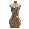 Scen Wear Luxury Gold Silver Rhinestones Mirror Backless Mini Dress Women Birthday Evening Celebrate Party Singer Model Bar Costume