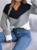 Women's Sweaters Women Green Polyester Rib Knit Fall/Winter Contrasting Lapel Knitted Jumper Long Sleeves Female Pullovers Chic Tops