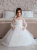 White Tulle Flower Girls' Dresses for Wedding Jewel Neck Long Sleeve A Line Kids Communion Dress Lace with Bow Tie Train Child Formal Prom Gown