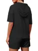 2-teiliges Damen-Trainingsanzug-Outfit, einfarbig, mit Kapuze, kurzärmelig, Kapuzenpullover, Oberteil, Kordelzug, elastische Taille, Shorts-Set 240115