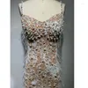 Casual Dresses Apricot White Sequin Studded Pearl Suspender Long Dress Temperament Socialite Party Toasting Evening Clothing