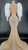 Stage Wear Nude Brilhante Strass Backless Sexy Branco Puff Mangas Longo Vestido para Mulheres Evening Show Roupas Festival de Casamento Outfits