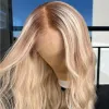 Light Blonde höjdpunkter full spets främre mänskliga hår peruker för kvinnor 13x4 hd spets frontala peruk rötter lösa vågsyntetiska peruk för plucked mellersta delen