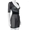 Abiti da festa AVV Solid Black Summer Dress Donna Manica corta Profondo scollo a V Vita alta Lace Up See-Through Mesh Mini Club Vestidos