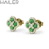 Hailer – boucles d'oreilles en forme de trèfle pour femmes, en or pur, en Moissanite cultivée en laboratoire, émeraude verte 10K 14K, 0,5 ct