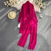 Women's Two Piece Pants Women's Fashion Sets Long Loose Knitted Cardigan Coat Stand Collar Vest High Waist Straight Wide Leg Three