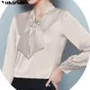 Clothe XXXL Spring Bow Silk Clothes Office Lady Korean Fashion Clothing Solo Loose Long Sleeve Women Tops and Bluses 240131