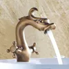 Grifos de lavabo de baño IMPEU Latón antiguo Alto Dragón Forma Encimera Recipiente Doble manijas Lavabo Mezclador Grifo