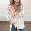 Damesblouses Damesblouse V-hals Rits Hals Gehaakte bloemenkant Bladerdeeg Lange mouw Tops Zomerprint Losse tuniekshirt