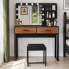 Vanity Desk with Mirror and 10 LED Lights, with 2 Big Drawers and Side Shelves for Storage, Girl's Dressing Table with Metal Frame, Corner Makeup Table with Chair