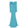 Robe de soirée bleue à épaules dénudées, manches longues, en Satin plissé, avec traîne de balayage, pour occasions spéciales