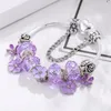 Boosbiy charme pulseiras diy romântico roxo flor contas com pendente banhado a prata ajuste pulseira fina para mulheres jóias presente desgin