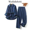 Women's Jackets Modishdutti High Quality 2024 Women Fashion Loose Belt Denim Shirt Jacket Coat Casual Elastic Waist Jeans Pants Sets Female