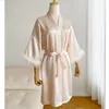 Mulheres sleepwear mulheres pena manga cetim quimono noiva vestes rosa robe pijamas roupão de noite vestido de noiva nightwear