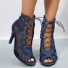 Sandalen 2024 Mode Schuhe für Frauen Lace Up Damen Sommer Solide Netz Tuch Offene Zehe High Heels Große Größe Fischmund