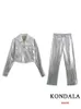 KONDALA Vintage Solid Women Suit Single Breasted Pockets Sliver Jackets Straight Loose Zipper Pants Fashion 2023 Autumn Suits 240115