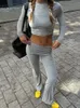 Absobe Rekretowa fałdowanie nad spodniami Kobiety Załoga Załoga długiego rękawu Slim Crop Top Flare Pants Sport Causal Set Tiew Autumn Streetwear 240115