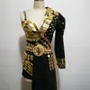 Abbigliamento da palcoscenico Costumi da spettacolo per cantanti in discoteca con paillettes scintillanti Cappotto lungo fatto in testa nero Costume da ballerina senza maniche per donna