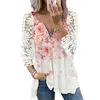 Damesblouses Damesblouse V-hals Rits Hals Gehaakte bloemenkant Bladerdeeg Lange mouw Tops Zomerprint Losse tuniekshirt