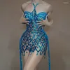 Stage Wear Blu Paillettes Pieno di Diamanti Appeso Collo Gonna Corta Discoteca Bar Dj Performance Costumi Donne Gogo Ballerini Vestito da Festa DN16963