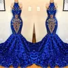 Royal Blue Mermaid Prom Dresses 2019 Halter Lace Appliqued Gorgeous 3D Floral kjol Prom Party Evening Gowns for Black Girls BC121347T