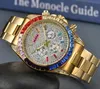 Popular Mens Colorful Diamonds Ring Shinning Starry Dial Watch Quartz Movement Male Time Clock Multi-Function Chronograph Luxury Ceramic Bezel Wristwatch Gifts