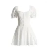 Party Dresses Boho Inspired Broderie Anglaise Cotton Mini Dress Square Neckline Corset Sexy Women Puff Sleeve Summer Holiday