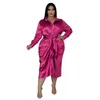 Elegant satin plus size kvinnor skjorta klänning sexig ruched långärmhet spetsar upp kvällsfest midi drerss vestido africano feminino 240116