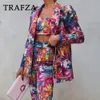 Trafza 2023 outono inverno feminino senhora do escritório ternos de impressão solto encolher blazers cintura média magro lápis calças oco para fora curto camis 240116