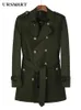 Médio longo blusão masculino verde militar duplo à prova de chuva trench coat duplo estilo britânico moda forro de lã casaco jovem 240117