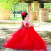 Rote Blumenmädchenkleider klopfer Nacken Perlen Spitzen Ballkleid Prinzessin Blumengirlgowns Stufe Tüll kleine Kinder Geburtstagsfeier Tochter und Mutterkleid CF008