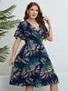 Plus size floral impressão envolto vneck vestidos femininos curto plissado mangas aline bohemia robe casual senhora férias roupas 240116