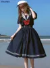 Japanische weiche Schwester süßes Lolita-Kleid Frauen süße Puffärmel schlanke Studentenkleider Party Retro Mädchen Bogen Salior Kragen Vestidos 240117
